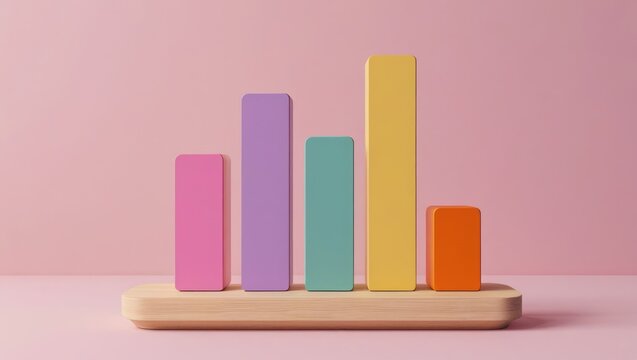 Colorful bar graph on a light wooden platform against a pastel pink background