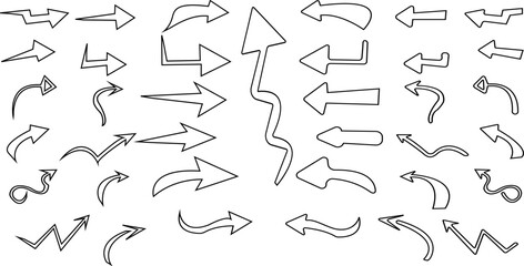 手描きの矢印アイコンセット・多方向・多様な形状で構成された線画  
