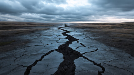 Cracked earth under brooding skies, echoing tectonic ballet and Earth Day reflections, evokes primordial whispers and cosmic solitude
