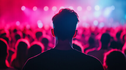 Youthful silhouette amid neon haze, enigmatic concert scene, perfect for Electric Castle Festival or Sky Lantern Celebration musings