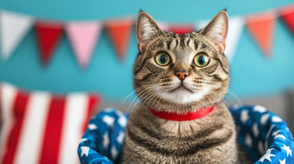 Tabby cat with wide eyes in starry basket, surprised Independence Day mascot, quirky feline festival spirit, cozy Americana