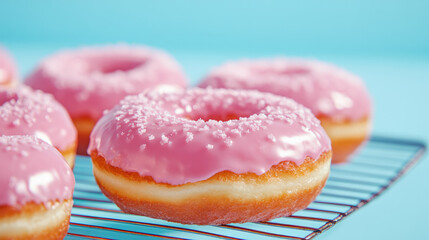 Pink-glazed donuts glisten under sugary sprinkles, embodying whimsical delights of Doughnut Day and Carnivals sweet indulgence