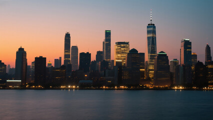 Obraz premium City skyline at sunset with glowing lights, ideal for corporate backgrounds