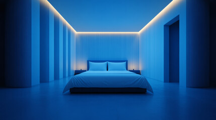 A serene azure sanctuary exudes tranquil minimalism, perfect for Blue Monday reflection or World Sleep Day indulgence