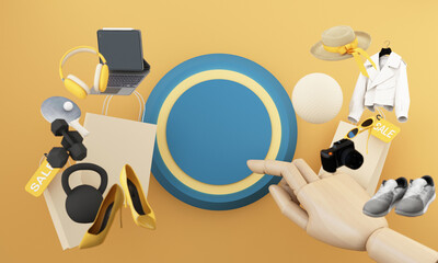 3D illustration of a wooden hand pressing a large circular button surrounded by shopping items, symbolizing decision making and purchase. 3d rendering