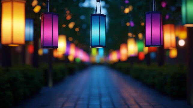 Vibrant paper lanterns illuminate a twilight path, celebrating Mid-Autumn Festival's luminous enchantment and Holi's kaleidoscopic joy