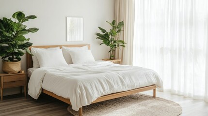 Fototapeta premium Serene Bedroom Interior Design: Minimalist White Bedding, Natural Light, and Lush Greenery