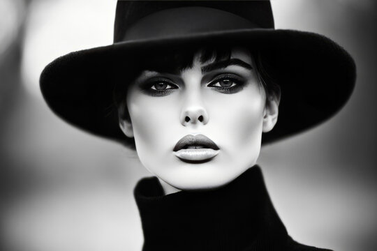 Monochrome elegance, enigmatic gaze of European woman in noir style, embodying Chapeau Day sophistication and mysterious allure
