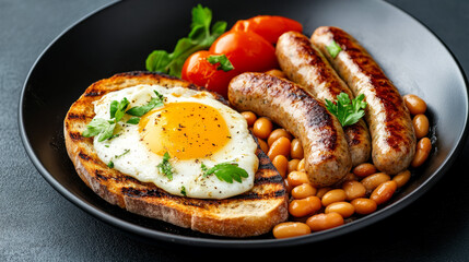 Grilled sourdough embraces sunny egg with sausages and beans, evoking cozy brunch vibes, reminiscent of British National Breakfast Week
