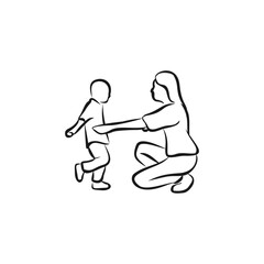 Mother guiding toddler's first steps in a hand-drawn style