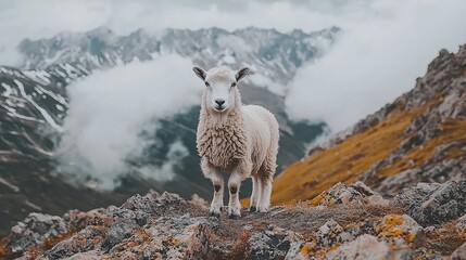 Sheep on mountain top, cloudy sky