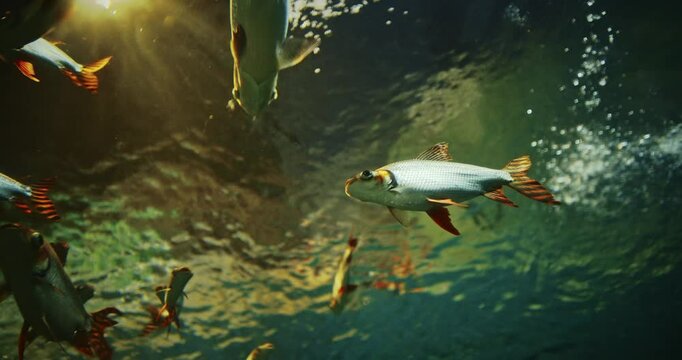 Silver Prochilodus Side View. Prochilodontidae Or Flannel-mouthed Characins. Silver Prochilodus And Pirapitinga Swim In Shanghai Ocean Aquarium. Piaractus Brachypomus Also Known As The Red-bellied