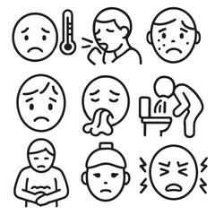 Collection of Simple Line Art Illustrations Depicting Common Illnesses and Symptoms
