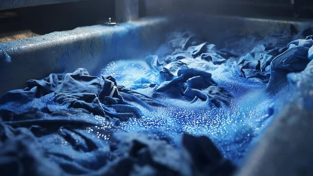 Textile dyeing process revealing vibrant blue pigment merging with water, generating swirling, bubbling color pattern while fabric gradually absorbing intense chromatic transformation