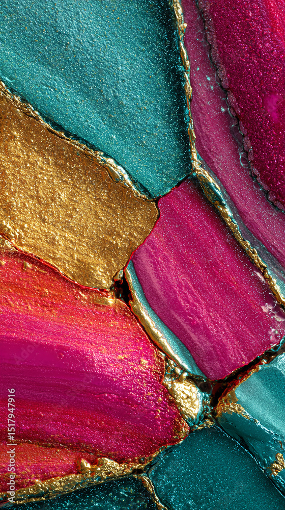 Poster abstract image of textured gold, teal, and magenta paint, separated by gold lines, creating a luxuri