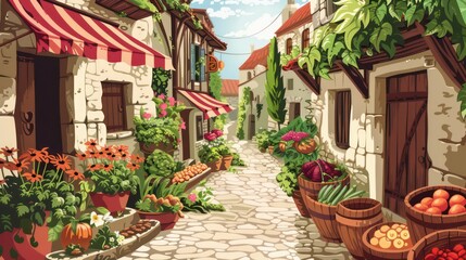 Fototapeta premium Charming vector street with pastel buildings, cobblestones, café table, and vintage bicycle.