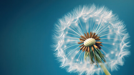 Obraz premium Dandelion seed head showing white fluffy seeds on blue background