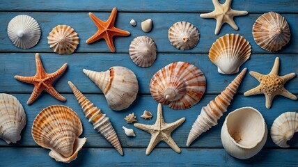 Top-Down Beach-Themed Composition with Seashells on Blue Wooden Background 8
