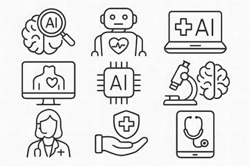 AI in Healthcare: A collection of medical-themed icons in clean outline style, representing artificial intelligence integrated into healthcare applications, research, and diagnostics.