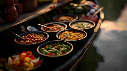 Fototapeta premium Colorful Asian Street Food Display Under Warm Sunset Light