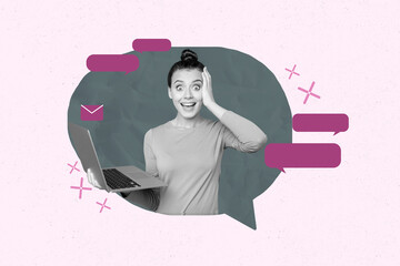Pop creative collage of person stand in mind cloud on pink background