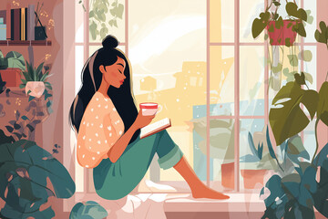 Cozy indoor scene in flat design style featuring a young woman enjoying a book and tea by the window surrounded by plants