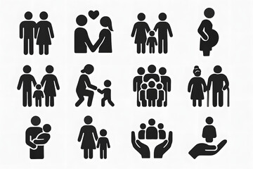 Diverse Family Icons: A collection of minimalist icons depicting various family structures and life stages, representing the diversity and evolution of familial relationships.