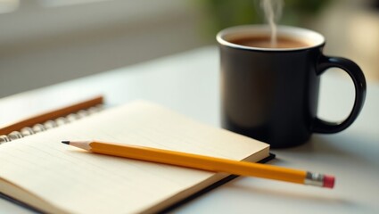Hot Coffee with Notebook and Pencil on Desk – Creative Workspace Concept
