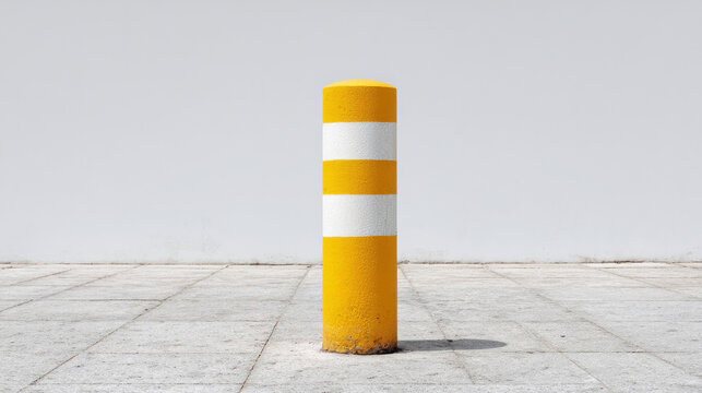 Sunny yellow bollard stands guard on barren concrete plaza, evoking urban resilience, minimalism charm, Civic Design Day