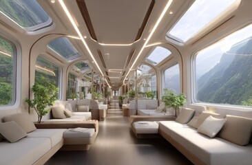 Obraz premium Train interior with mountain scenery and plants