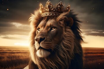 Graceful lion king with a crown at sunset © kotchasorn