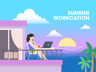 Woman working on balcony with ocean view at sunset