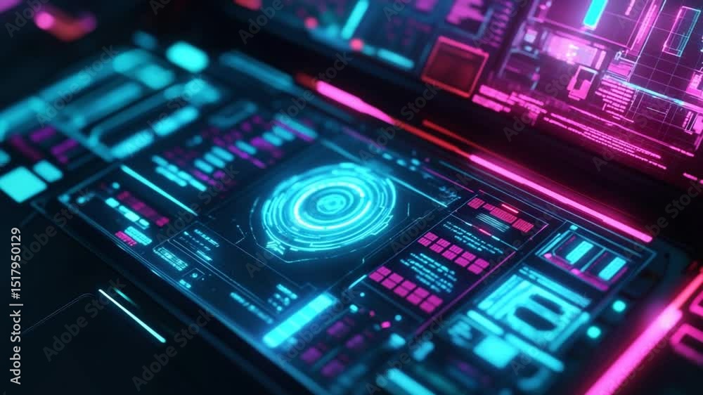 Poster futuristic holographic interface displaying complex data and abstract visuals elements