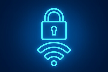 Cybersecurity Icon: A luminous digital depiction of a padlock and wireless symbol, set against a backdrop of sleek, deep indigo, embodying robust digital protection. 