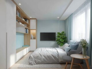 A modern bedroom interior design showcasing light colors and natural elements.