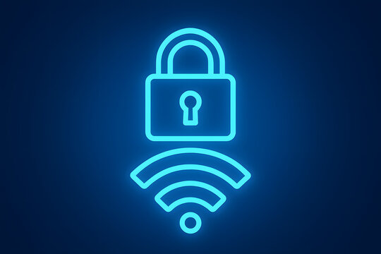 Cybersecurity Icon: A luminous digital depiction of a padlock and wireless symbol, set against a backdrop of sleek, deep indigo, embodying robust digital protection. 