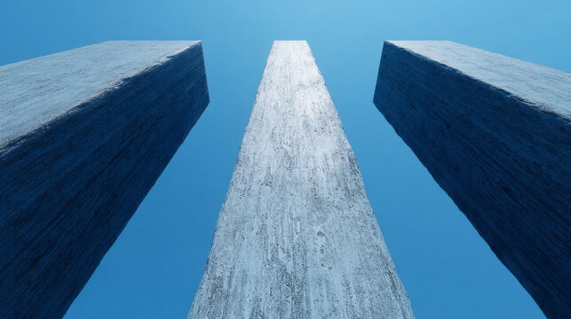 Stark, monolithic structures pierce the cerulean sky, embodying modernist dreams and Lunar New Year reflections, soaring ambition