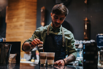 A barista in a modern cafe is preparing stylishly layered coffee beverages with precision. The warm...
