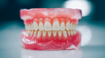 Obraz premium Modern denture model in dental on the table laboratory, Dentist appointment, dentistry instruments and dental hygienist checkup concept