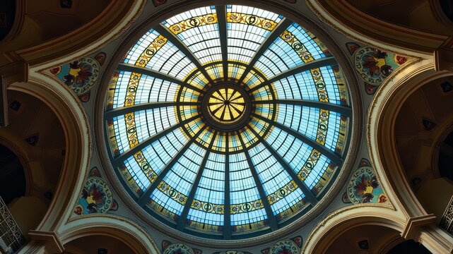 Stunning domed glass ceiling with intricate geometric patterns and vibrant colors
