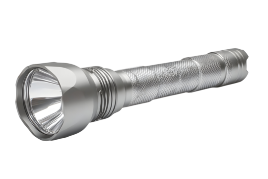 Silver flashlight on a black background presenting a powerful beam device
