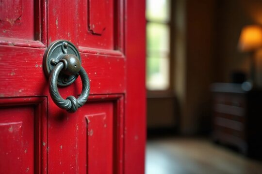 A weathered red door, slightly ajar, reveals a glimpse of an interior space; its antique, dark metal ring-pull handle is a focal point, suggesting a sense of history and mystery.