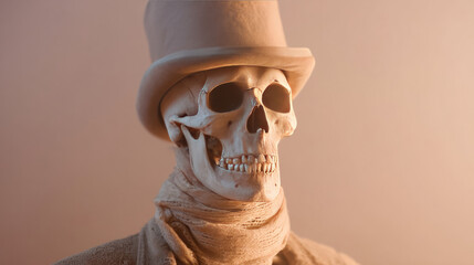 Ethereal skeleton in vintage top hat evokes Victorian steampunk Halloween, blending whimsical Day of the Dead elegance