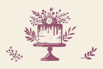 Floral cake on stand ink brush sketch vector illustration