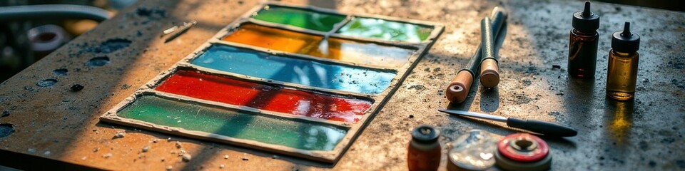 Colorful stained glass creation workshop with art tools on rustic table
