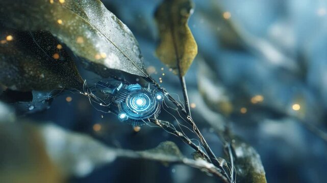 Glowing blue futuristic surveillance device attached to a branch with leaves, monitoring plants in a cold, possibly snowy environment, with subtle light particles floating around