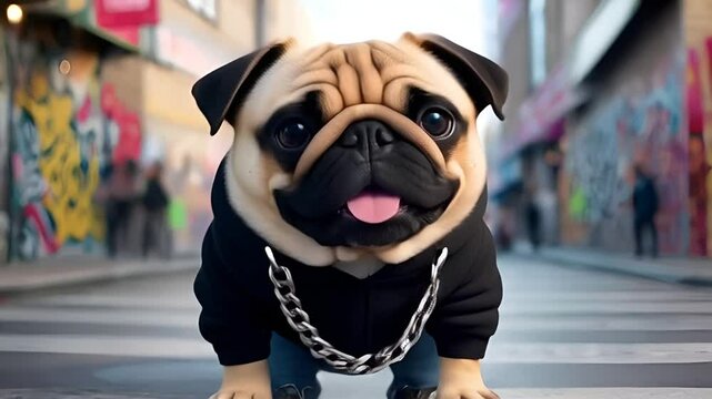  A light brown pug with a cute and tender smiling face and big, friendly eyes stands on a bustling city street. 