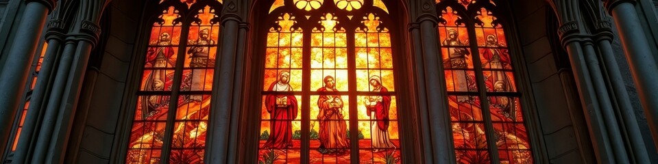 Gothic cathedral stained glass depicting religious figures in vibrant colors