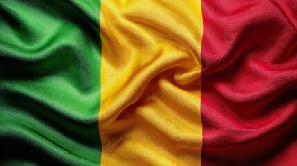 Vibrant silk flag of Mali celebrating Independence Day with rich colors of green, yellow, and red