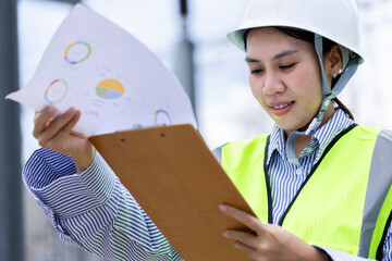Female engineer is working at high voltage power substation wearing safety helmet and vest while...